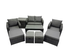 Rackhams 3 Seater Sofa Reclining Chair Coffee Table Set Rattan Garden Outdoor Furniture Set with Side Tables 4 Stool Dark Grey Mixed - thumbnail 1