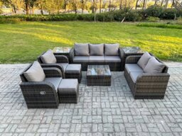 Rackhams 9 Seater Garden Furniture Set Rattan Outdoor Lounge Sofa Chair With Tempered Glass Table 2 Small Footstools 2 Side Tables Dark Grey Mixed - thumbnail 2