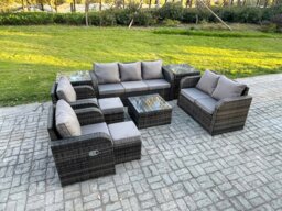 Rackhams 9 Seater Garden Furniture Set Rattan Outdoor Lounge Sofa Chair With Tempered Glass Table 2 Small Footstools 2 Side Tables Dark Grey Mixed - thumbnail 1
