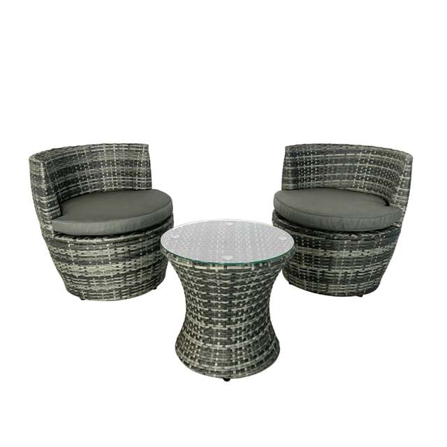 Rackhams 3-piece Outdoor Rattan Bistro Set with Cushion and Glass Top Coffee Table, 2 Seater Garden Vase Chair Table and Chair Set - Gray