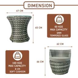 Rackhams 3-piece Outdoor Rattan Bistro Set with Cushion and Glass Top Coffee Table, 2 Seater Garden Vase Chair Table and Chair Set - Gray - thumbnail 6