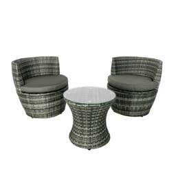 Rackhams 3-piece Outdoor Rattan Bistro Set with Cushion and Glass Top Coffee Table, 2 Seater Garden Vase Chair Table and Chair Set - Gray - thumbnail 1