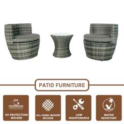 Rackhams 3-piece Outdoor Rattan Bistro Set with Cushion and Glass Top Coffee Table, 2 Seater Garden Vase Chair Table and Chair Set - Gray - thumbnail 4