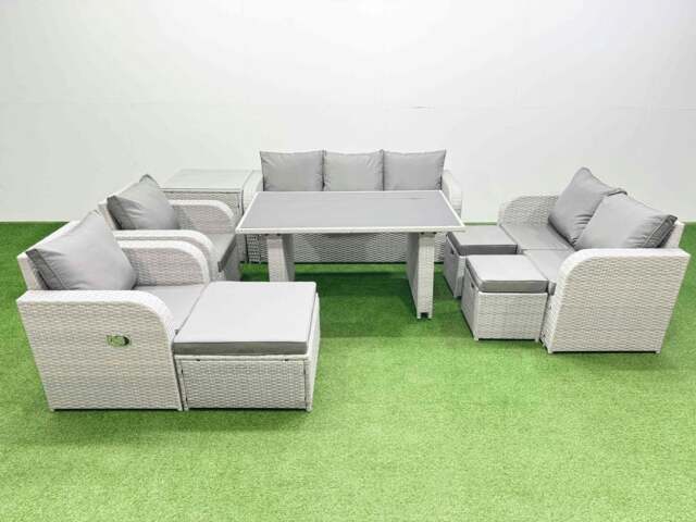 Rackhams 10 Seater Garden Furniture Set PE Rattan Garden Sofa Set with Rectangular Dining Table 3 Stool Side Table Light Grey - image 1