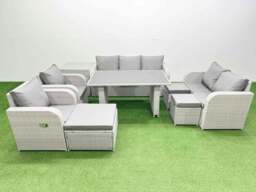 Rackhams 10 Seater Garden Furniture Set PE Rattan Garden Sofa Set with Rectangular Dining Table 3 Stool Side Table Light Grey - thumbnail 1