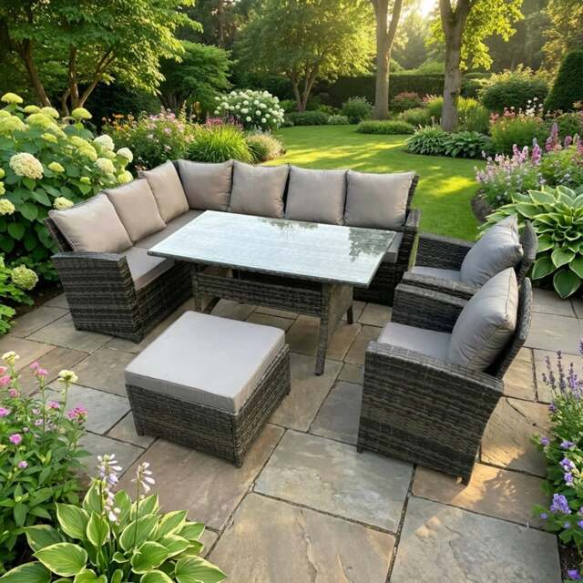 Rackhams 9 Seater High Back Rattan Garden Furniture Set with Corner Sofa, Rectangular Dining Table, 2 Arm Chairs, Large Footstool - Dark Grey - image 1