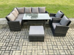 Rackhams 9 Seater High Back Rattan Garden Furniture Set with Corner Sofa, Rectangular Dining Table, 2 Arm Chairs, Large Footstool - Dark Grey - thumbnail 3