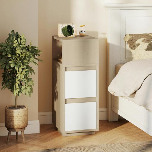Rackhams Slim Bedside Table, Bedside Cabinet with Open Shelf and 2 Drawers - Natural wood, White - 2 - Modern - image 1