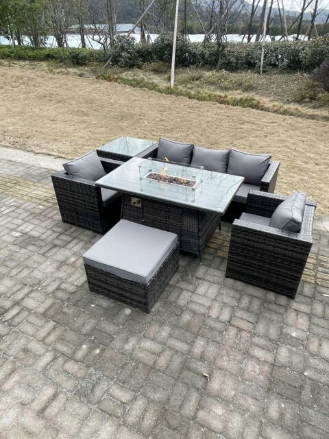 Rackhams Outdoor PE Rattan Garden Furniture Gas Fire Pit Dining Table Armchairs With High Side Coffee Table Big Footstool Dark Grey Mixed - image 1
