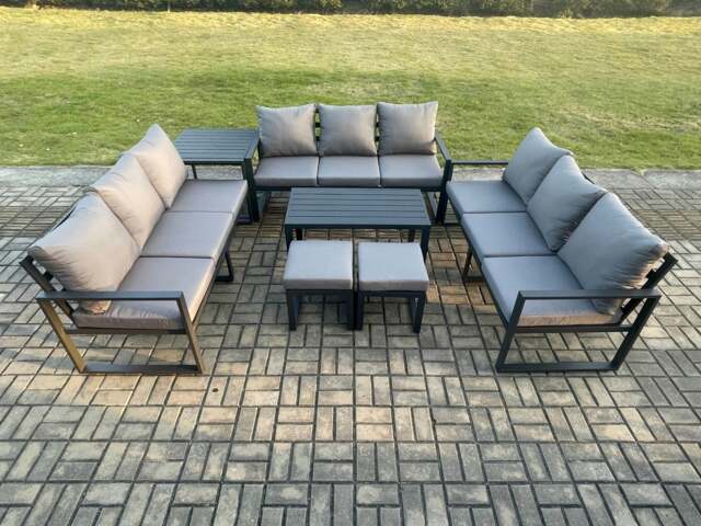 Rackhams Aluminium 11 Seater Outdoor Garden Furniture Set Lounge Sofa Oblong Coffee Table 2 Small Footstools Side Table Sets with Cushions Dark Grey - image 1