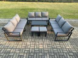 Rackhams Aluminium 11 Seater Outdoor Garden Furniture Set Lounge Sofa Oblong Coffee Table 2 Small Footstools Side Table Sets with Cushions Dark Grey - thumbnail 2