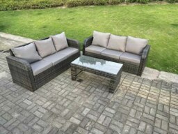 Rackhams Dark Grey PE Wicker High Back Rattan Garden Furniture Set Lounge Sofa 3 Seater Sofa Set Outdoor Rectangular Coffee Table 6 Seater