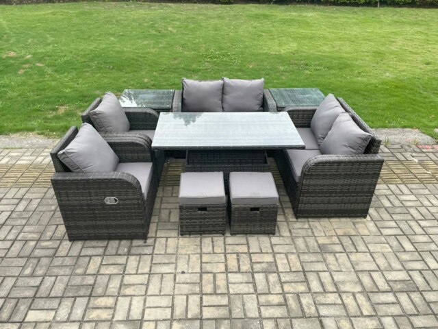 Rackhams Wicker PE Rattan Furniture Garden Dining Set Outdoor Height Adjustable Rising lifting Table Love Sofa Chair With 2 Side Table Stools - image 1