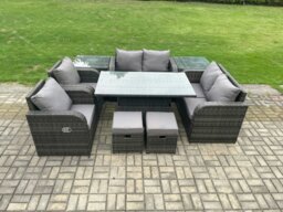 Rackhams Wicker PE Rattan Furniture Garden Dining Set Outdoor Height Adjustable Rising lifting Table Love Sofa Chair With 2 Side Table Stools - thumbnail 2
