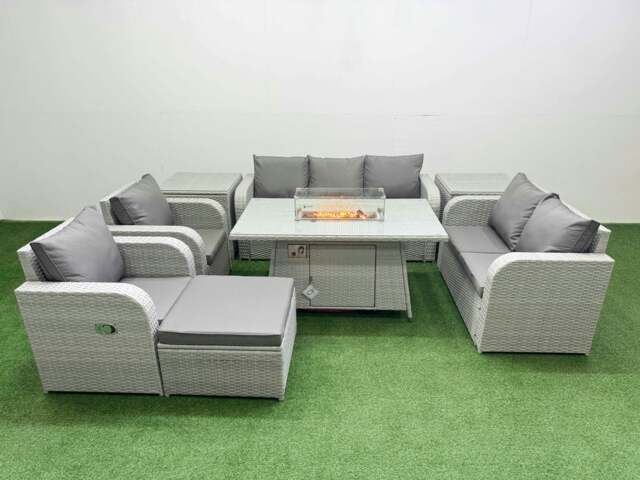 Rackhams Rattan Garden Furniture Set Reclining Chair Sofa Double Love Seat 2 Seater Sofa Fire Pit Dining Table Big Footstool 2 Side Table Light Grey - image 1
