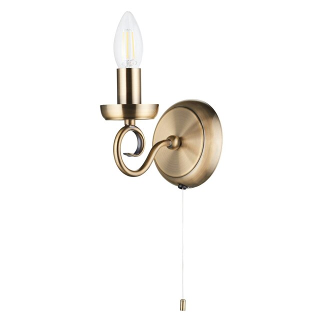Rackhams Traditional Antique Brass Wall Light Fitting with Scroll Arm and Pull Switch - image 1