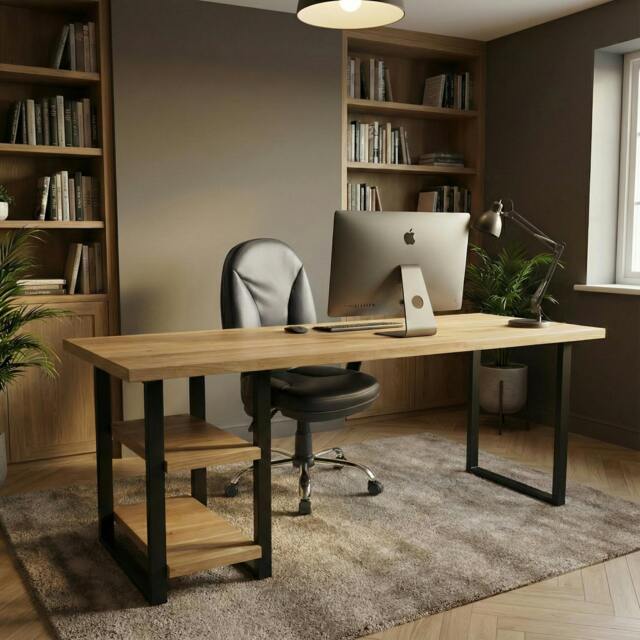 Rackhams Staved Oak Office Desk with Under Desk Shelves - 290 - 80 - image 1