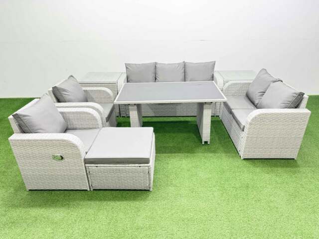 Rackhams 9 Seater Garden Furniture Set PE Rattan Garden Sofa Set with Rectangular Dining Table Big Stool 2 Side Tables Light Grey - image 1