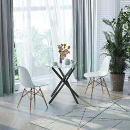 Rackhams Dining Table with Clear Tempered Glass Top, Round Table with Metal Legs, Modern Kitchen Table for Dining Room Living Room, Black - thumbnail 2