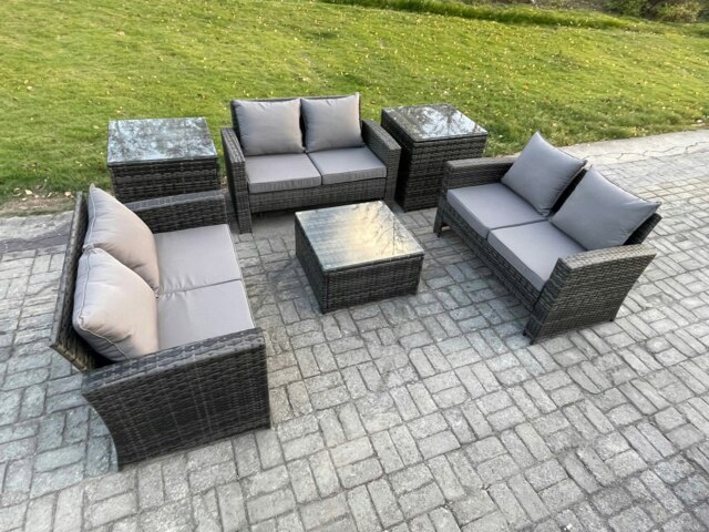 Rackhams 6 PCS Outdoor Lounge Sofa Set Wicker PE Rattan Garden Furniture Set with Square Coffee Table Double Seat Sofa 2 Side Tables Dark Grey Mixed - image 1