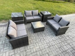 Rackhams 6 PCS Outdoor Lounge Sofa Set Wicker PE Rattan Garden Furniture Set with Square Coffee Table Double Seat Sofa 2 Side Tables Dark Grey Mixed - thumbnail 1