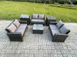 Rackhams 6 PCS Outdoor Lounge Sofa Set Wicker PE Rattan Garden Furniture Set with Square Coffee Table Double Seat Sofa 2 Side Tables Dark Grey Mixed - thumbnail 2