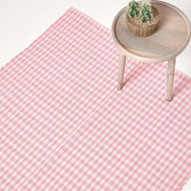 Rackhams Cotton Hand Woven Gingham Check Rug - Pink - 70 x 120 cm - image 1