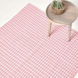 Rackhams Cotton Hand Woven Gingham Check Rug - Pink - 70 x 120 cm