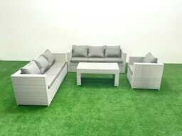 Rackhams Wicker PE Rattan Sofa Garden Furniture Set with Oblong Coffee Table Armchair Light Grey Mixed - thumbnail 1