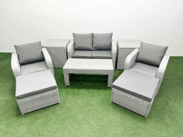 Rackhams Light Grey PE Wicker Rattan Garden Furniture Set Sofa Set Reclining Adjustable Chair Oblong Coffee Table 6 Seater 2 Big Stools 2 Side Table - image 1