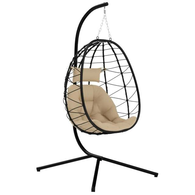 Rackhams Hanging Egg Chair Outdoor Indoor Garden Swing Chair with Folding Basket, Thickened Cushion, Garden Hanging Chair with Stand, Headrest, Khaki
