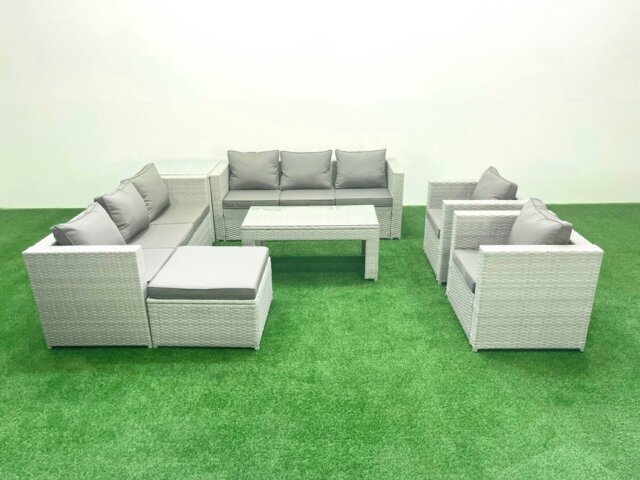 Rackhams Outdoor Garden Furniture Rattan Sofa Set with 2 Armchairs Oblong Coffee Table Big Footstool Side Table Light Grey Mixed - image 1