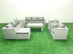 Rackhams Outdoor Garden Furniture Rattan Sofa Set with 2 Armchairs Oblong Coffee Table Big Footstool Side Table Light Grey Mixed - thumbnail 2