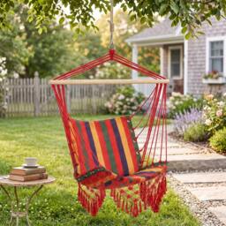 Rackhams Hammock Chair Swing Colourful Striped Seat Porch Indoor Outdoor Hanging - Multicoloured - Cotton and polyester - 100L x 60W x 100H cm - thumbnail 1