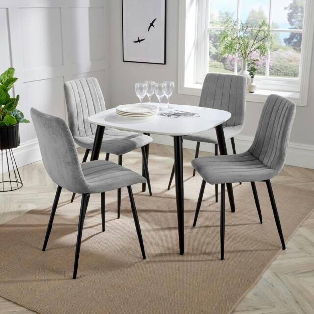 Rackhams Aspen Dining Set - White Square Table & 4 Upholstered Straight Stitch Dining Chairs - Light Grey - image 1