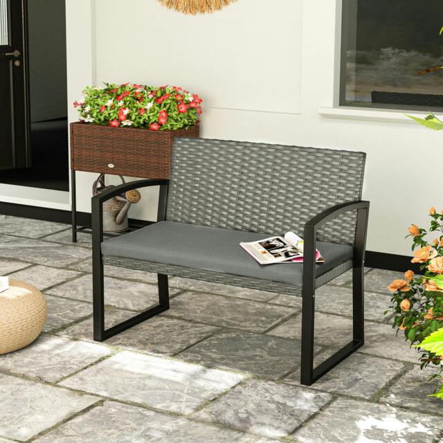 Rackhams 2 Seater Rattan Garden Bench with Cushion, Steel Frame, Black - Light Grey - image 1