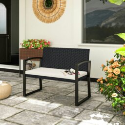 Rackhams 2 Seater Rattan Garden Bench with Cushion, Steel Frame, Black - Light Grey - thumbnail 3