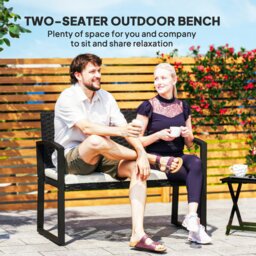 Rackhams 2 Seater Rattan Garden Bench with Cushion, Steel Frame, Black - Light Grey - thumbnail 4