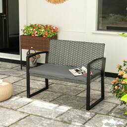 Rackhams 2 Seater Rattan Garden Bench with Cushion, Steel Frame, Black - Light Grey