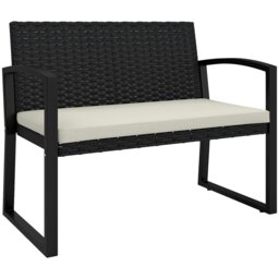 Rackhams 2 Seater Rattan Garden Bench with Cushion, Steel Frame, Black - Light Grey - thumbnail 2