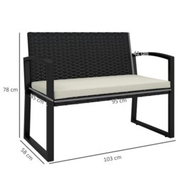 Rackhams 2 Seater Rattan Garden Bench with Cushion, Steel Frame, Black - Light Grey - thumbnail 6
