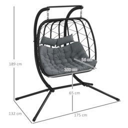 Rackhams PE Hanging Swing Chair w/ Thick Cushion, Patio Hanging Chair, Black - Steel, PE Rattan - 175cm x 132cm x 189cm - Black - thumbnail 5