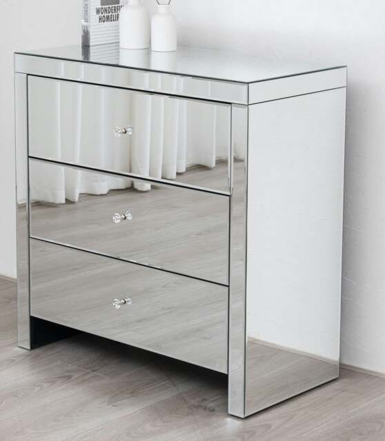 Rackhams Mirrored 3 Drawer Chest Crystal Handles Bedroom Furniture - image 1