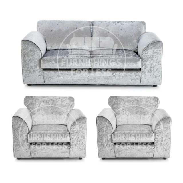 Rackhams Crystal Crushed Velvet 3 Seater and 2 Armchairs Full Back - Silver - image 1
