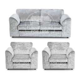 Rackhams Crystal Crushed Velvet 3 Seater and 2 Armchairs Full Back - Silver