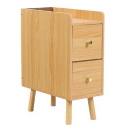 Rackhams Slim Wooden Bedside Table Narrow Nightstand with Drawers and High Legs for Bedroom - Wood -  Natural Wood