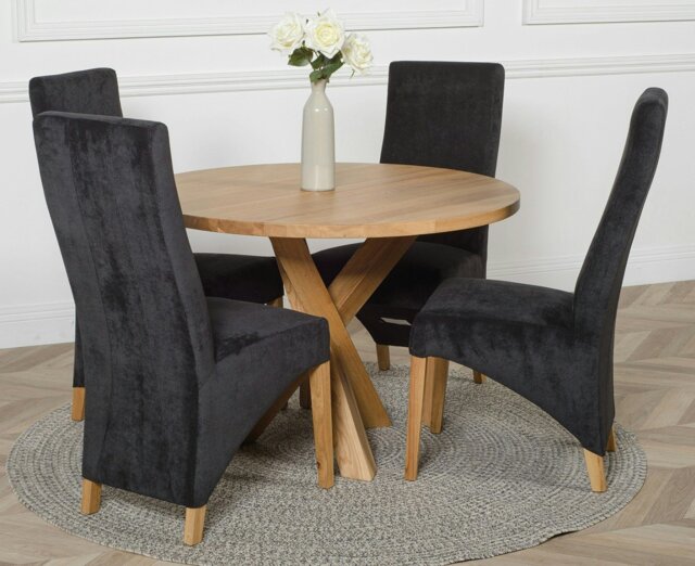 Rackhams Oregon Round Oak Dining Table with Lola Fabric Chairs - 1 - 4 chairs - Black - image 1
