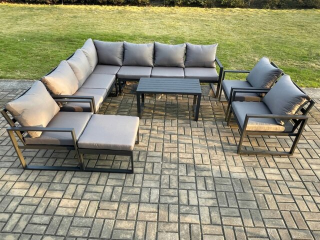 Rackhams Aluminium Garden Furniture Set Outdoor Indoor Lounge Corner Sofa 3 Pcs Chair Oblong Coffee Table Sets with Big Footstool Dark Grey