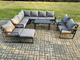 Rackhams Aluminium Garden Furniture Set Outdoor Indoor Lounge Corner Sofa 3 Pcs Chair Oblong Coffee Table Sets with Big Footstool Dark Grey - thumbnail 1