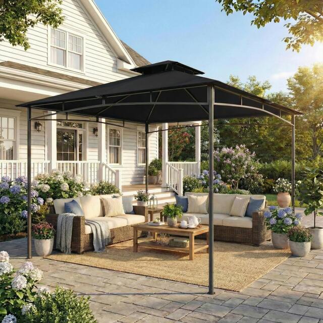 Rackhams 3 x 3 m Gazebo, Outdoor Gazebo Canopy with 2-Tier Roof - 300L x 300W x 285H cm - Gazebo - Black - image 1